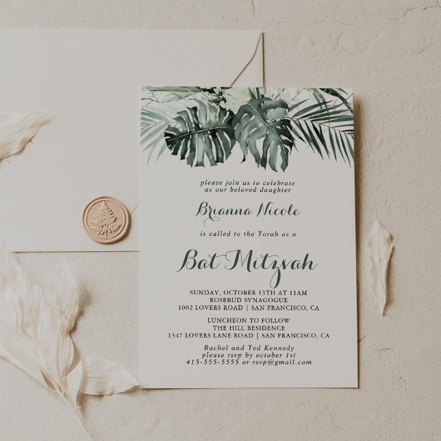 Tropical Grey White Blommigt Bat mitzvah Inbjudningar (Skapare uppladdad)