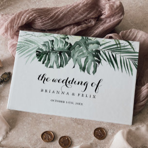Tropical Grey White Blommigt Calligraphy Bröllop Gästböcker