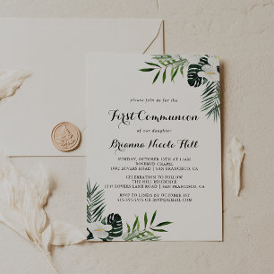 Tropical Grey White Blommigt First Communion Inbjudningar