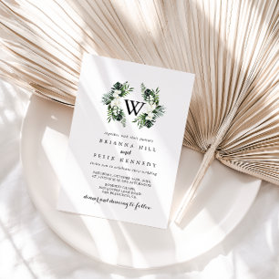Tropical Grey White Blommigt Monogram Bröllop Inbjudningar