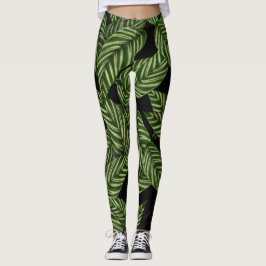 Tropical Grönt Lövs Black Leggings
