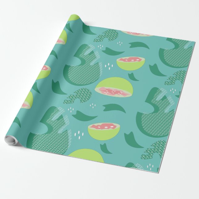 Tropical Guava Fruit and Greenery Rosa Teal Presentpapper (Utrullad)