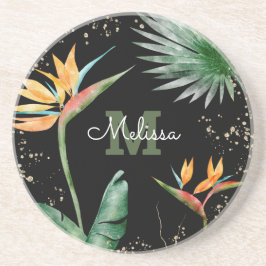 Tropical Guld Black Blommigt Foliage Monogram-skri Underlägg