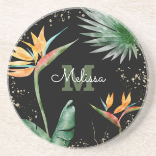 Tropical Guld Black Blommigt Foliage Monogram-skri Underlägg