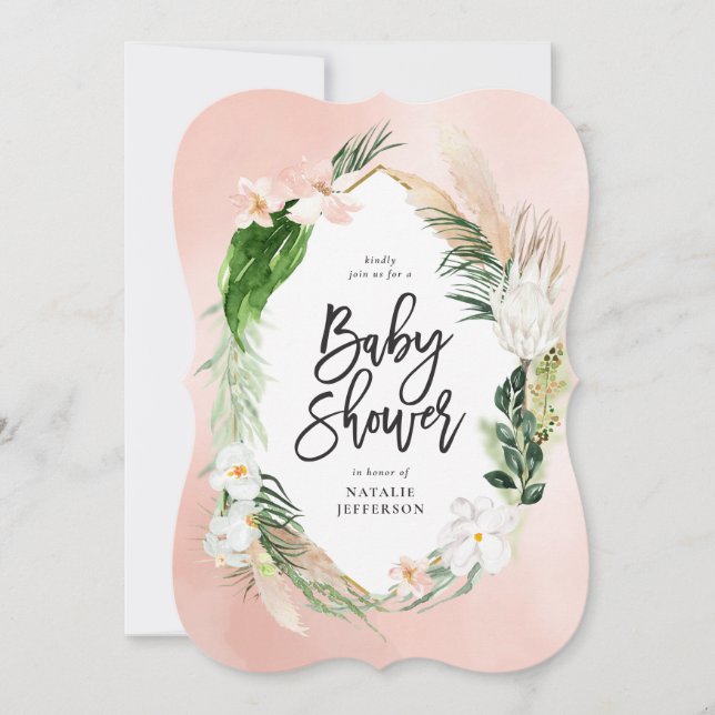 Tropical guld geometric blommigt foliage rosa girl spara datumet (Framsida)