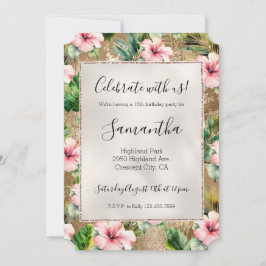 Tropical Guld Glitz Rosa Hibiscus Blommigt Inbjudningar