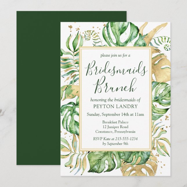 Tropical Guld & Grönt Bridesmaids Brunch Inbjudningar (Fram/baksida)
