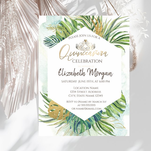 Tropical Guld Handflatan Löv Summer Quinceañera Inbjudningar (Skapare uppladdad)