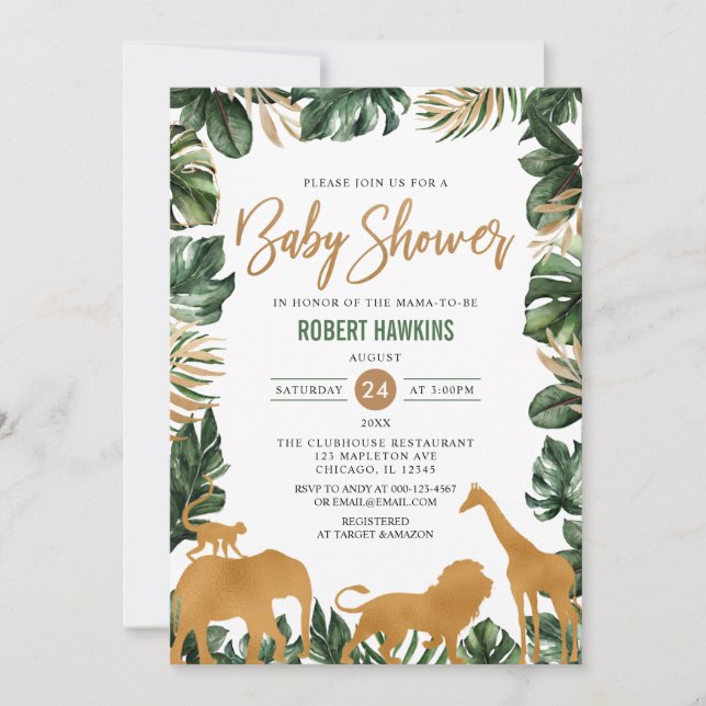 Tropical Guld Safari Animals Jungle Baby Shower Inbjudningar (Framsida)
