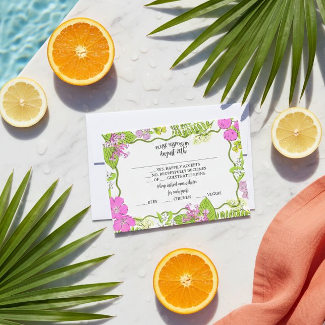 Tropical Hand Drawn Pink and Green  OSA Kort (Tropical Hand Drawn Pink and Green RSVP Card)