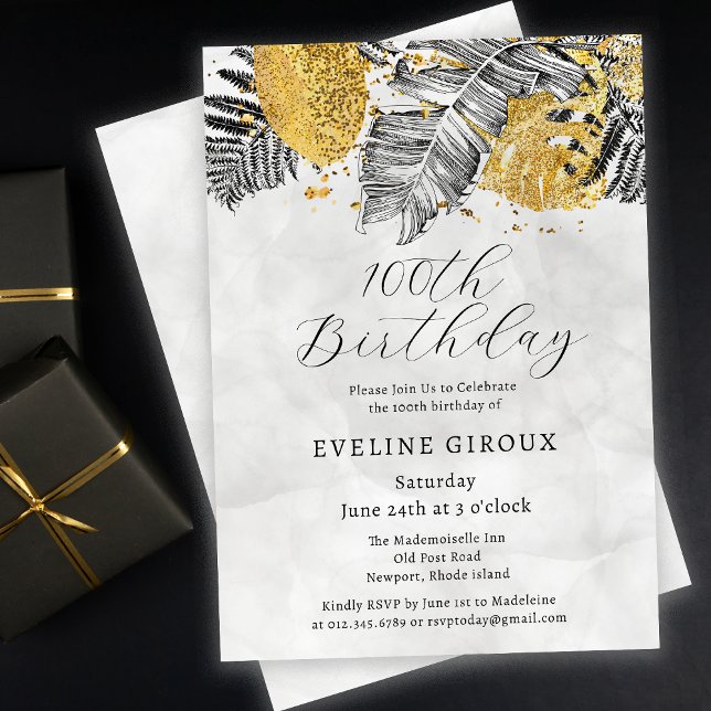 Tropical Handflatan Black White Guld 100-årsdagen Inbjudningar (Need matching tropical palm party supplies? Message me!)