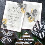Tropical Handflatan Black White Guld 40:e födelsed Inbjudningar<br><div class="desc">Elegant och chic tropiska inbjudningskort för möhippan har två arrangemang av svart linje dragen i handflatan löv och guld texturerad löv. Födelsedagen skrivs i ett modernt och öppet skript. En mjuk och romantisk grått-vattenfärg tvättar ihop designen på framsidan och baksidan. Mycket enkelt att anpassa. Den här posten ingår i Eleganten...</div>