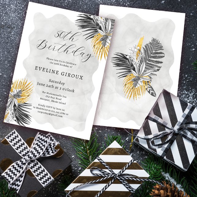 Tropical Handflatan Black White Guld 50:e födelsed Inbjudningar (Need matching tropical palm welcome signs or party supplies? Message me!)