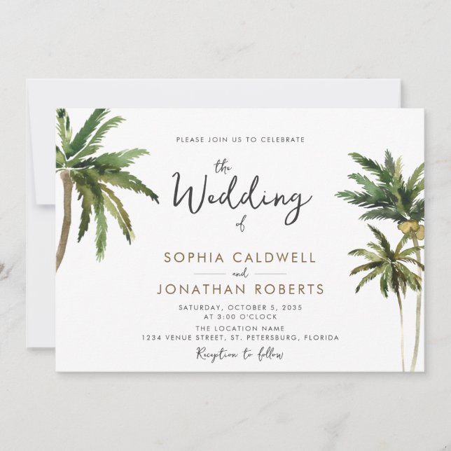 Tropical Handflatan Calligraphy Destination Weddin Inbjudningar (Framsida)