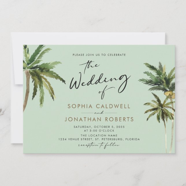 Tropical Handflatan Calligraphy Destination Weddin Inbjudningar (Framsida)