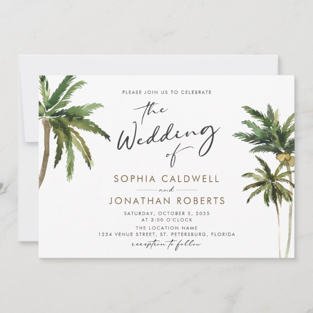 Tropical Handflatan Calligraphy Destination Weddin Inbjudningar (Framsida)