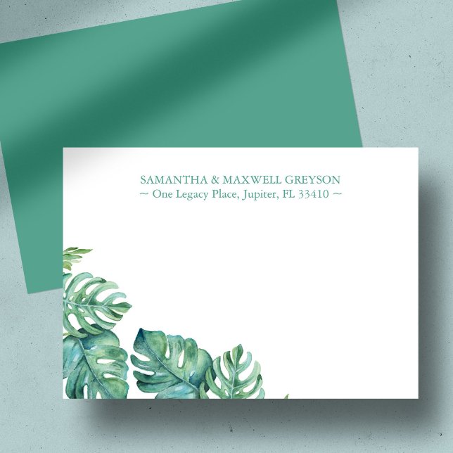 Tropical Handflatan Greenery Personlig Stationery Anteckningskort (Personalized notecards feature watercolor monstera palm leaves by Victoria Grigaliunas)
