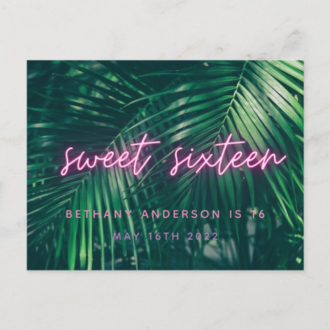 Tropical handflatan grönt neon-skript söt 16 födel vykort (Framsida)