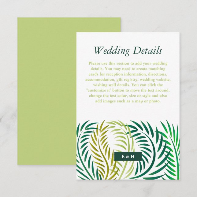 Tropical Handflatan Löv, Beach Wedding Detail Tilläggskort (Fram/baksida)