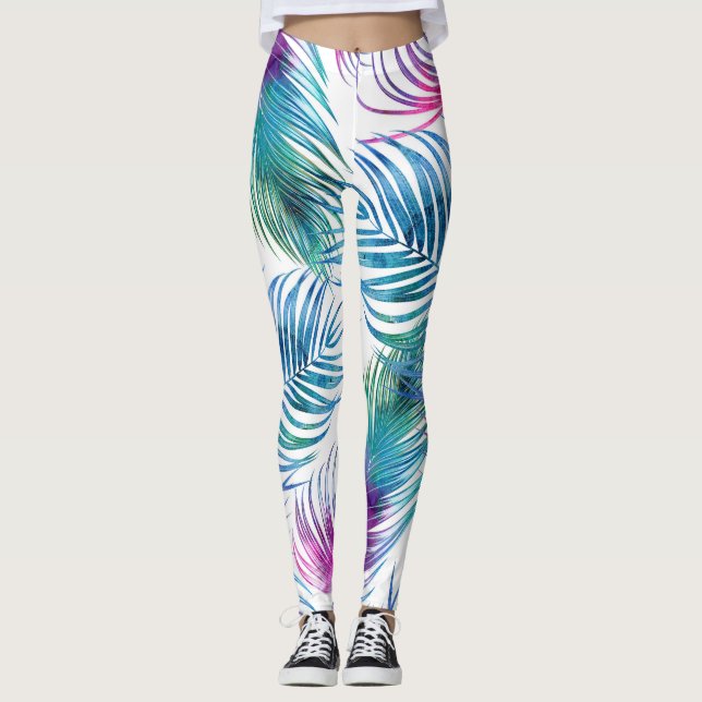 Tropical handflatan löv, blommönster med vattenfär leggings (Framsida)