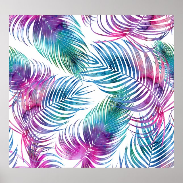 Tropical handflatan löv, blommönster med vattenfär poster (Framsidan)
