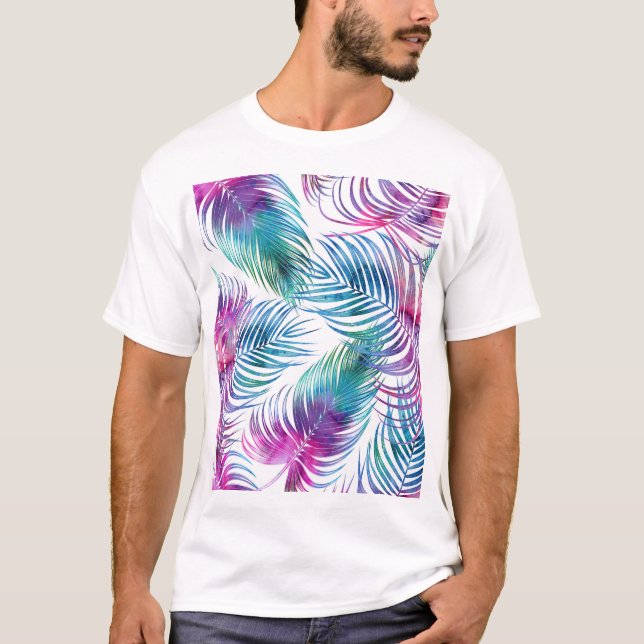 Tropical handflatan löv, blommönster med vattenfär t shirt (Framsida)