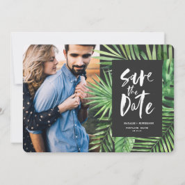 Tropical handflatan löv och manus foliefoto spara datumet