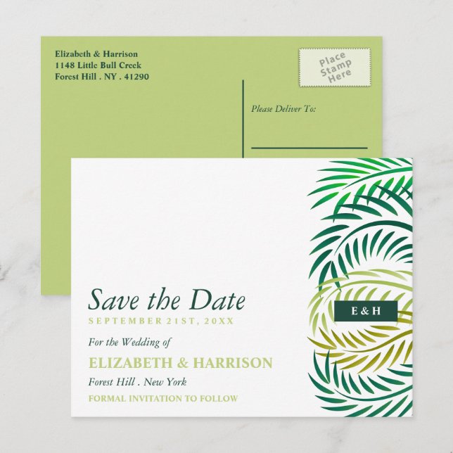 Tropical Handflatan Lövs, Beach Wedding Save Date Vykort (Fram/baksida)
