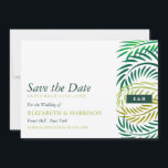 Tropical Handflatan Lövs, Beach Wedding Spara Datumet<br><div class="desc">Dessa sparar datumkorten är perfekt för alla par som planerar ett tropiskt firande bröllop. Konstruktionen för tropiska handflatan löv kan vara personlig till kostym för ditt speciella evenemang och kommer att vara perfekten för alla strandteman i party,  inklusive valentindagen,  förlovningar,  möhippor,  babyduschar och mycket,  mycket mer.</div>
