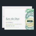 Tropical Handflatan Lövs, Beach Wedding Spara Datumet<br><div class="desc">Dessa sparar datumkorten är perfekt för alla par som planerar ett tropiskt firande bröllop. Konstruktionen för tropiska handflatan löv kan vara personlig till kostym för ditt speciella evenemang och kommer att vara perfekten för alla strandteman i party,  inklusive valentindagen,  förlovningar,  möhippor,  babyduschar och mycket,  mycket mer.</div>
