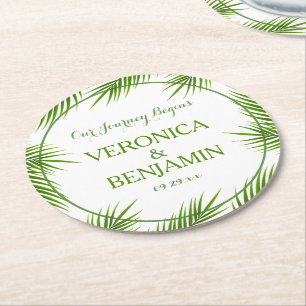 Tropical Handflatan Lövs Beach Wedding Underlägg Papper Rund
