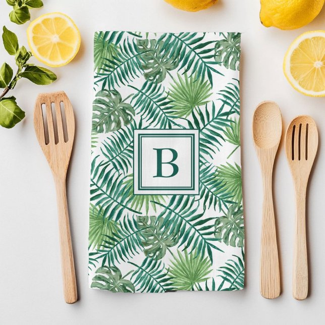 Tropical Handflatan Lövs Botanical Mönster Monogra Kökshandduk (Tropical Palm Leaves Botanical Pattern Monogram Kitchen Towel)