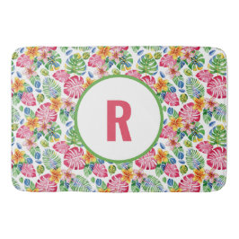 Tropical Handflatan Lövs Monogram rosa grönt Badrumsmatta