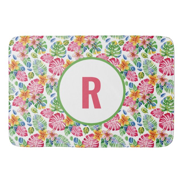 Tropical Handflatan Lövs Monogram rosa grönt Badrumsmatta (Framsidan)