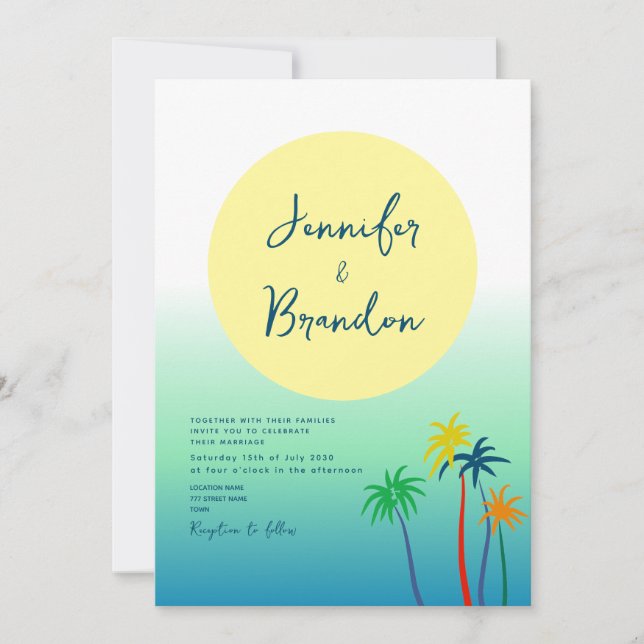 Tropical Handflatan Träd Beach Wedding Inbjudningar (Framsida)