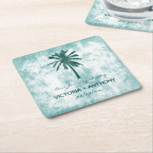 Tropical Handflatan Träd Beach Wedding Underlägg Papper Kvadrat