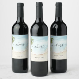 Tropical Handflatan Träd Cheers Exotic Beach Weddi Vinflaska Etikett