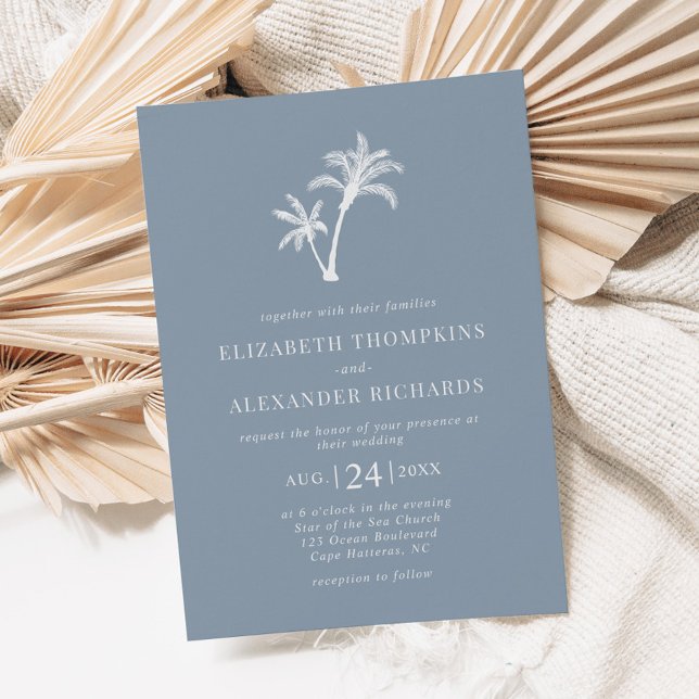 Tropical Handflatan Träd Dusty Blue Beach Wedding Inbjudningar (Skapare uppladdad)