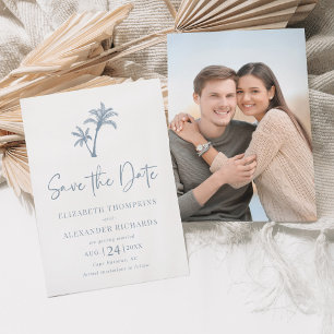 Tropical Handflatan Träd Dusty Blue Beach Wedding Spara Datumet