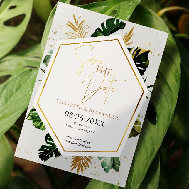 Tropical Handflatan Träd Gilded Script sparar datu Inbjudningar (Skapare uppladdad)