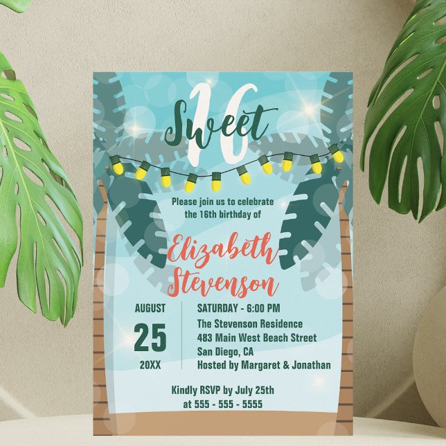 Tropical Handflatan Träd Ljus Sweet 16 Birthday Inbjudningar (Skapare uppladdad)