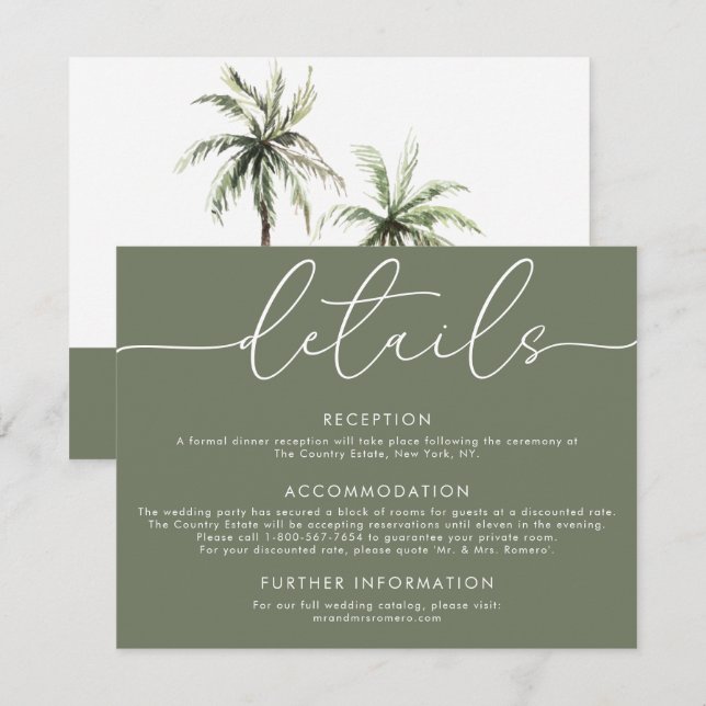 Tropical handflatan Träd | Minimal Bröllop-informa Anteckningskort (Fram/baksida)