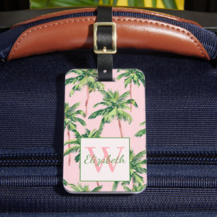 Tropical Handflatan Träd på Rosa Monogram Bagagebricka
