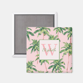 Tropical Handflatan Träd på Rosa Monogram Magnet