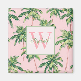 Tropical Handflatan Träd på Rosa Monogram Magnet