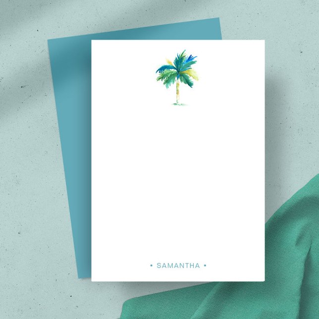 Tropical Handflatan Träd Personal Anteckningskort (Personalized notecards watercolor tropical palm tree art by Victoria Grigaliunas Do Tell A Belle)