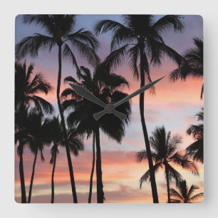 Tropical Handflatan Träd Sunset Fyrkantig Klocka