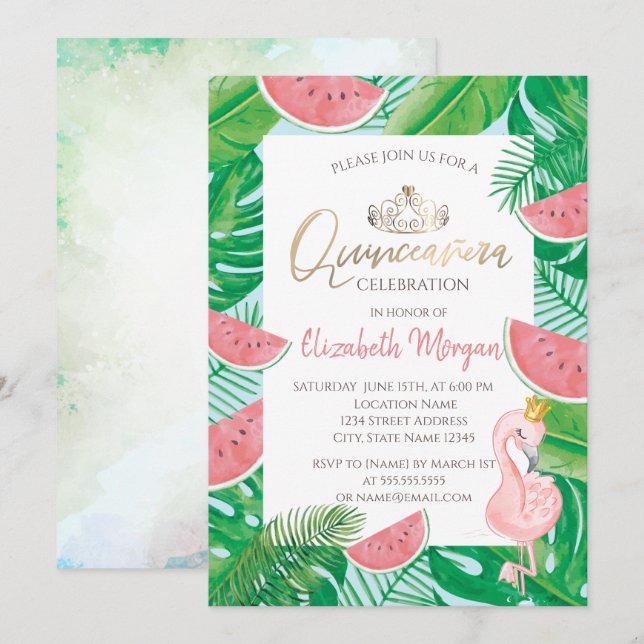 Tropical Handflatan Watermelon Rosa Flamingo Inbjudningar (Fram/baksida)