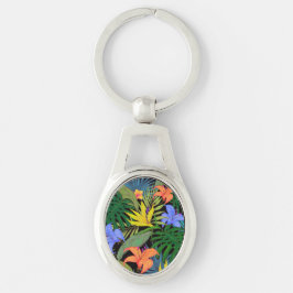Tropical Hawaii Aloha Flower Graphic Ovalt Silverfärgad Nyckelring
