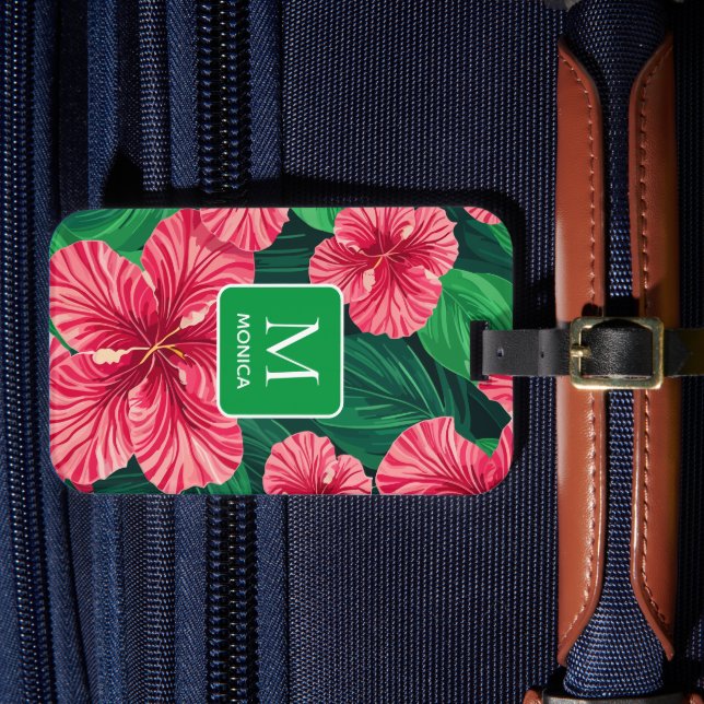 Tropical Hawaii Hibiscus Handflatan Lövs Monogram Bagagebricka (Framsida Insitu 4)